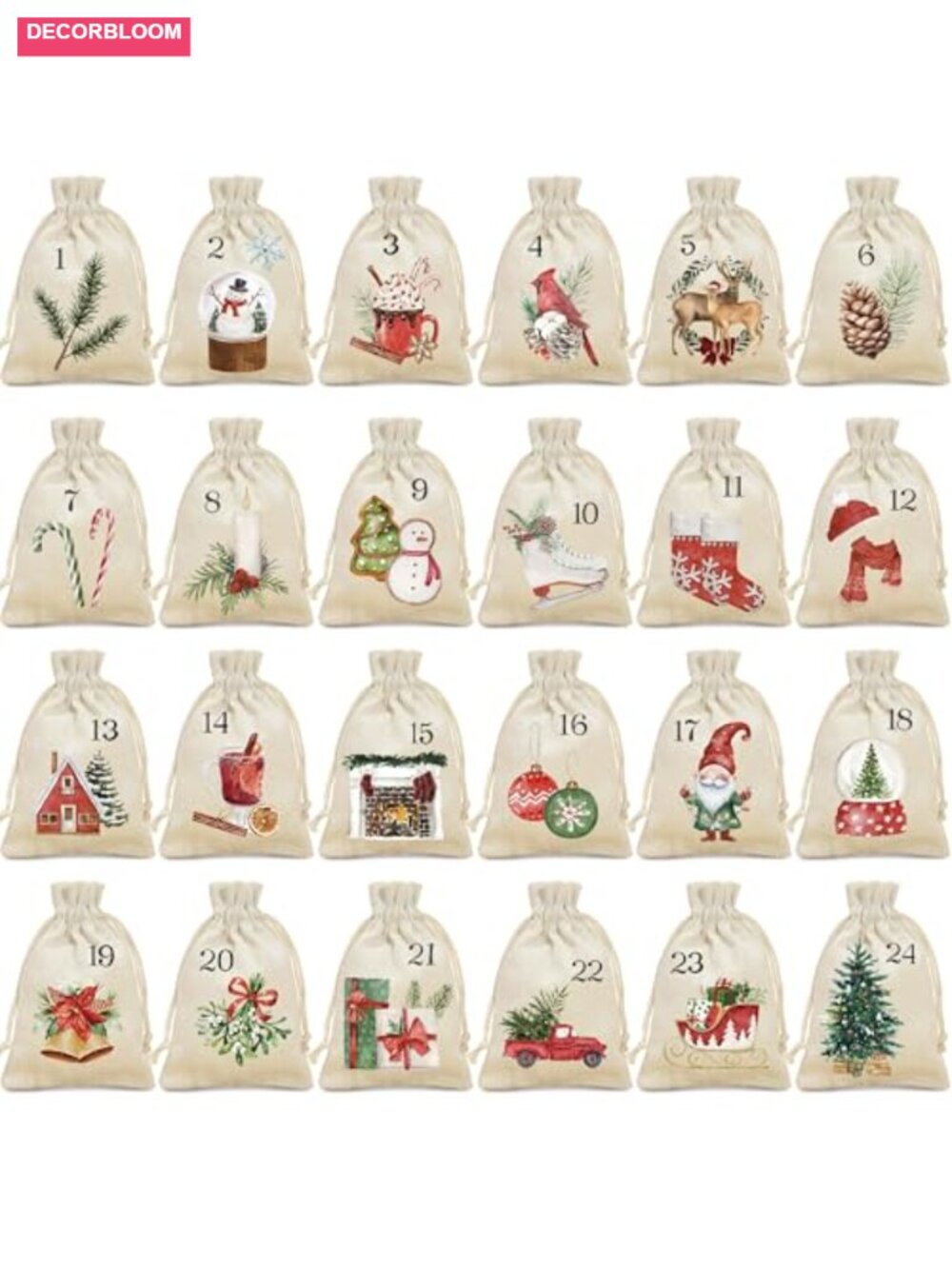 24 Day Burlap Advent Calendar Bags Countdown Drawstring Pouches